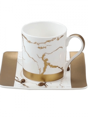 12 Pcs Cup & Saucer Set - Gold Collection - White + Matt Gold - With Gift Box