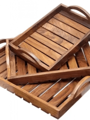 3 Pc Rectangle Wooden Tray - With Gift Box