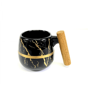 6 Pcs Mug - With Wooden Handle - Black + Matt Gold - With Gift Box