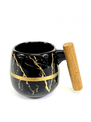 6 Pcs Mug - With Wooden Handle - Black + Matt Gold - With Gift Box