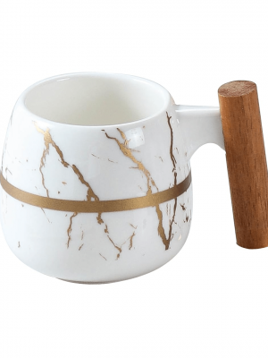 6 Pcs Mug - With Wooden Handle - White + Matt Gold - With Gift Box