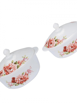 Flora 4 Pcs White Round Casserole Set - With Lid  - 1L +1.5L